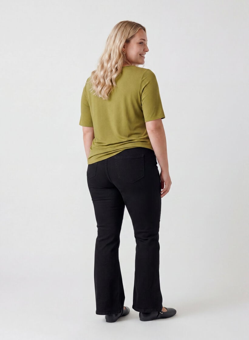 Vevet bluse med korte ermer og rund hals, Gr&oslash;nn, Model image number 2