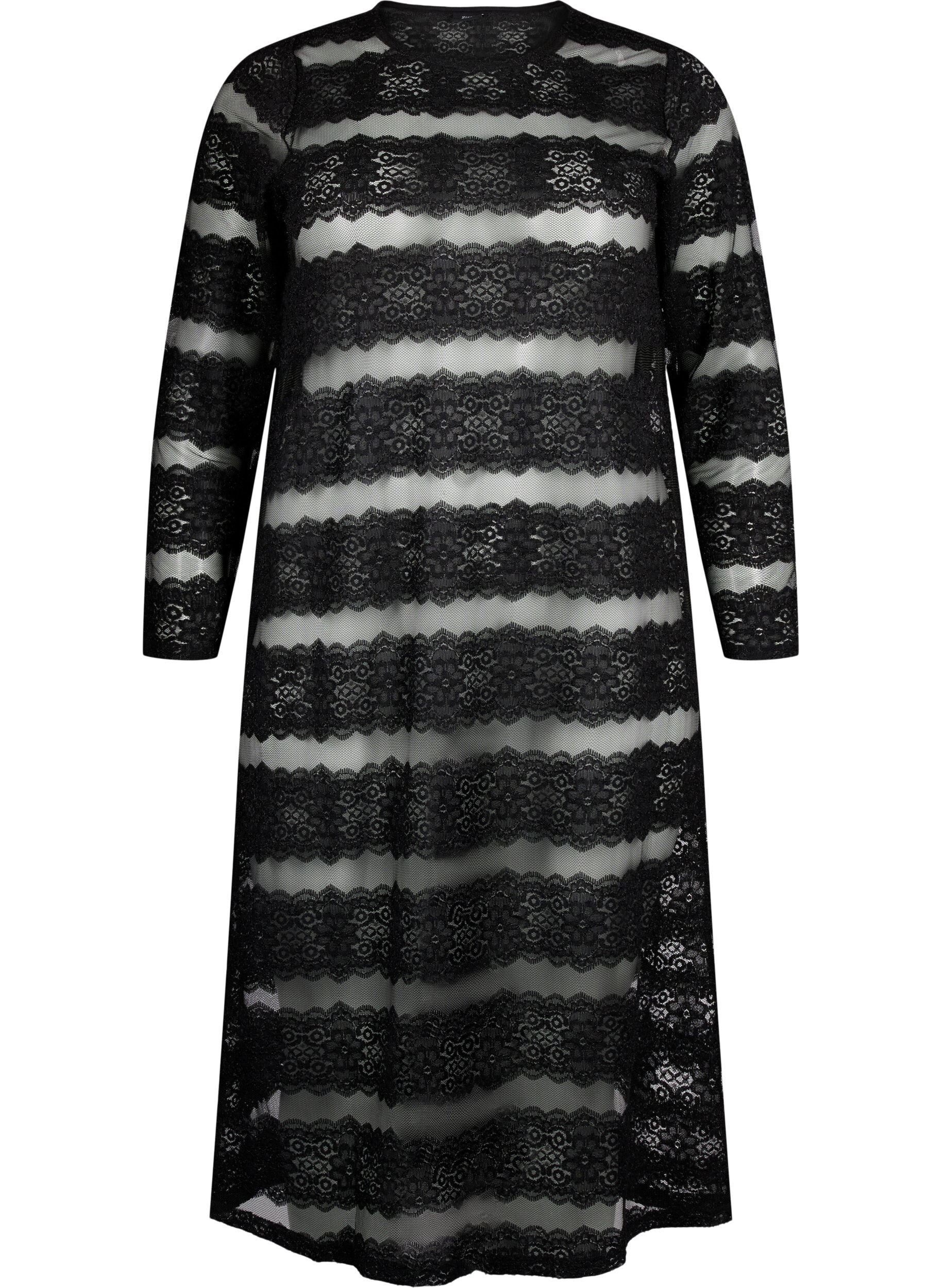 Zizzi Midi-kjole med blonder og gjennomsiktig mesh, Black, Packshot image number 0