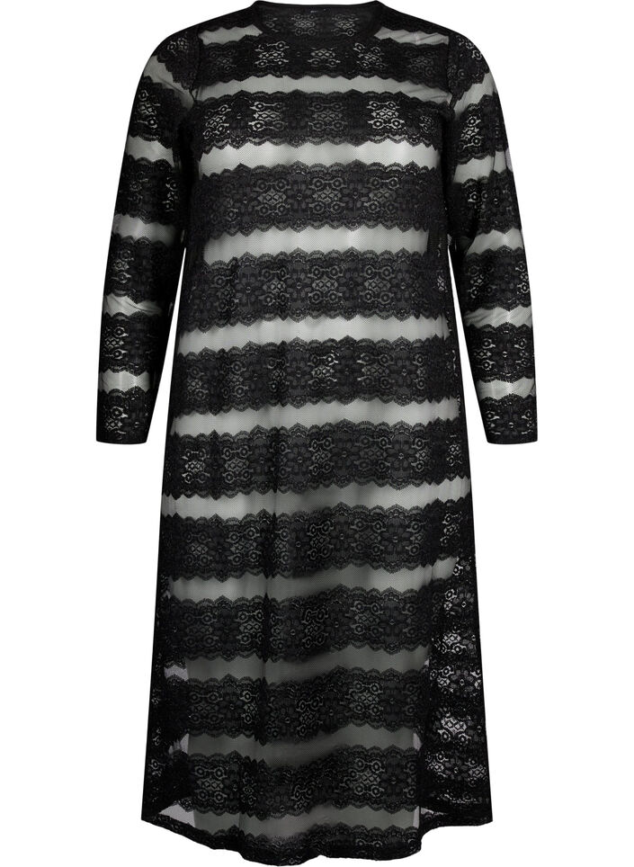 Midi-kjole med blonder og gjennomsiktig mesh, Black, Packshot image number 0