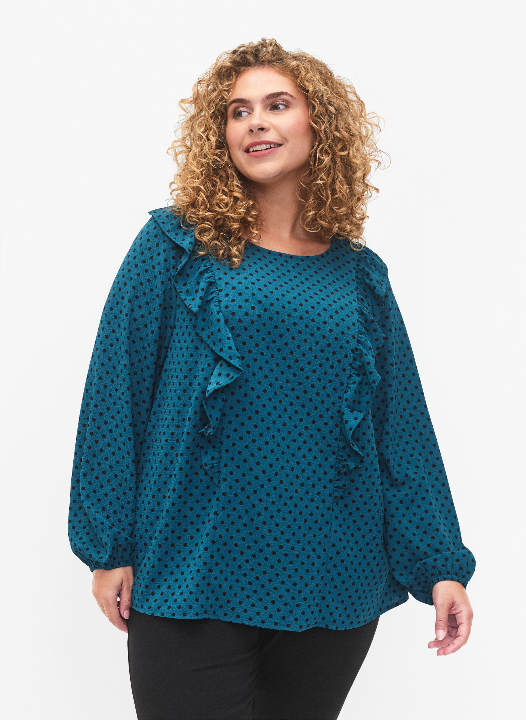 Zizzi Bluse med lange ermer og volanger, Shaded Spruce Dot, Model image number 0
