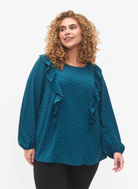 SJOKKPRIS - Bluse med lange ermer og volanger, Shaded Spruce Dot, Model
