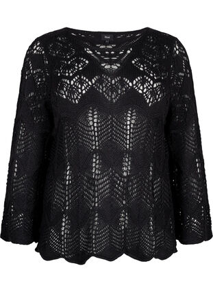 Zizzi Strikket bluse med hullmønster, Black, Packshot image number 0