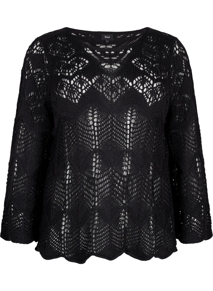 Strikket bluse med hullmønster, Black, Packshot image number 0