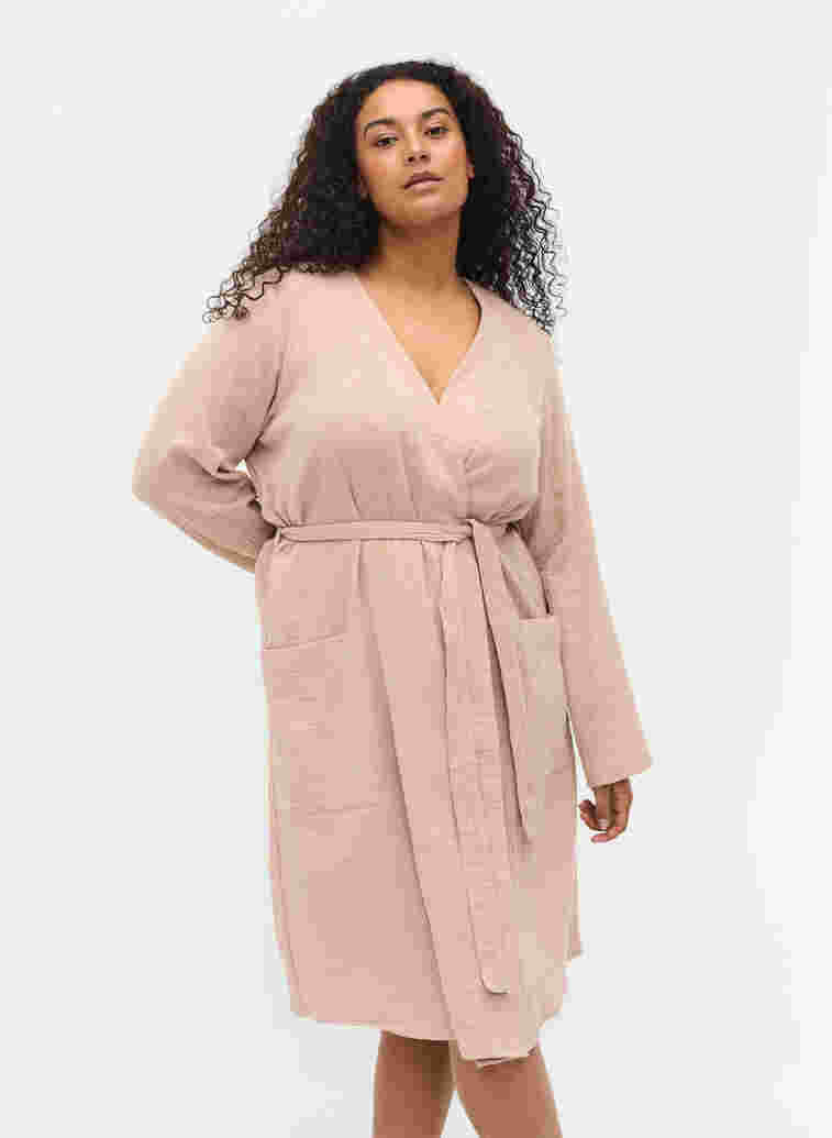 Morgenkåpe i bomull med knyting, Light Taupe, Model