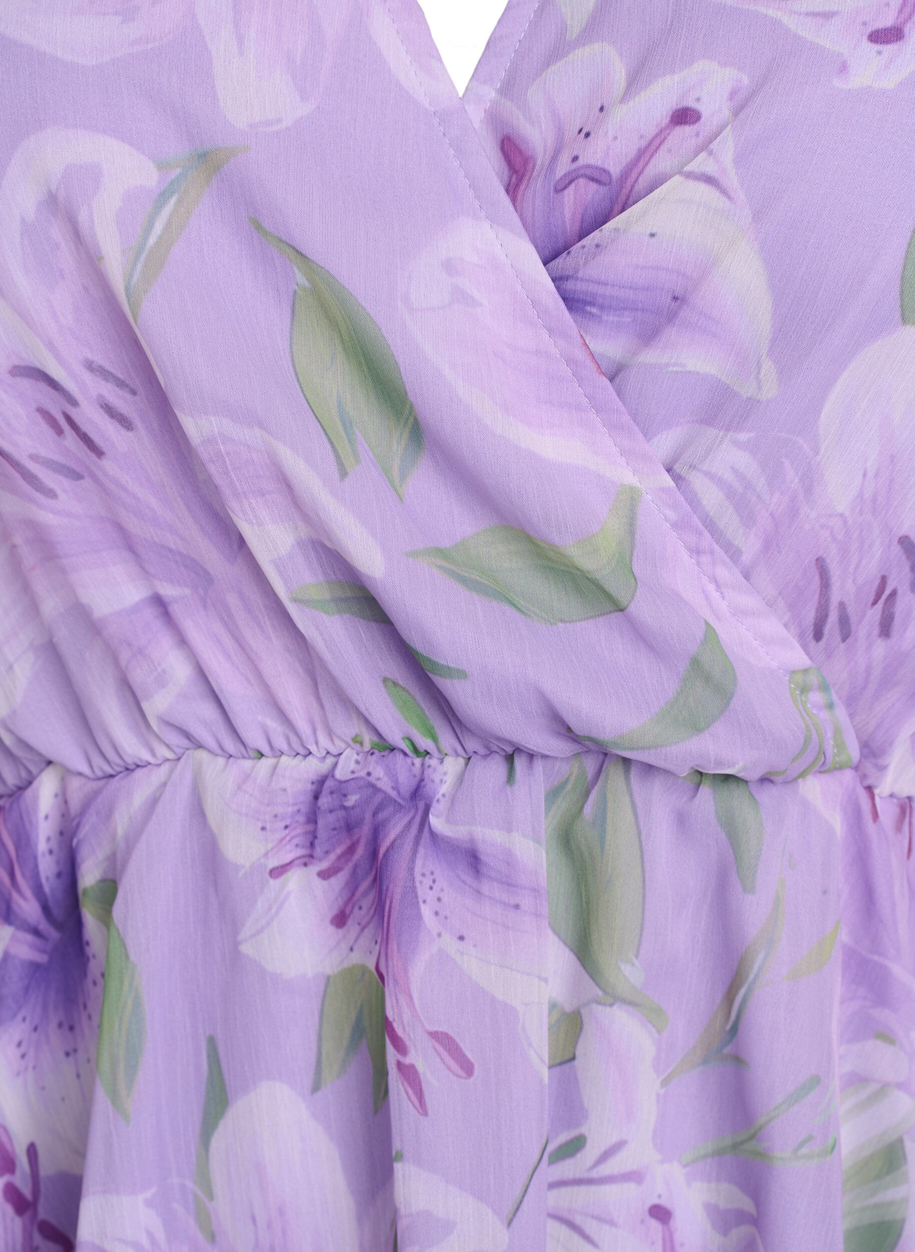 ZizziBluse i blomstrete chiffon med korte ermer, Lilla, Packshot image number 2