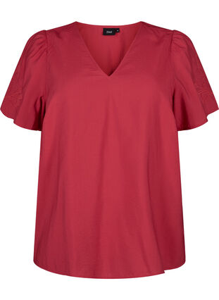 Zizzi Kortermet bluse i viskose med broderi, Rød, Packshot image number 0