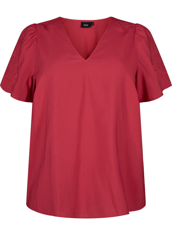 Kortermet bluse i viskose med broderi, Rød, Packshot image number 0