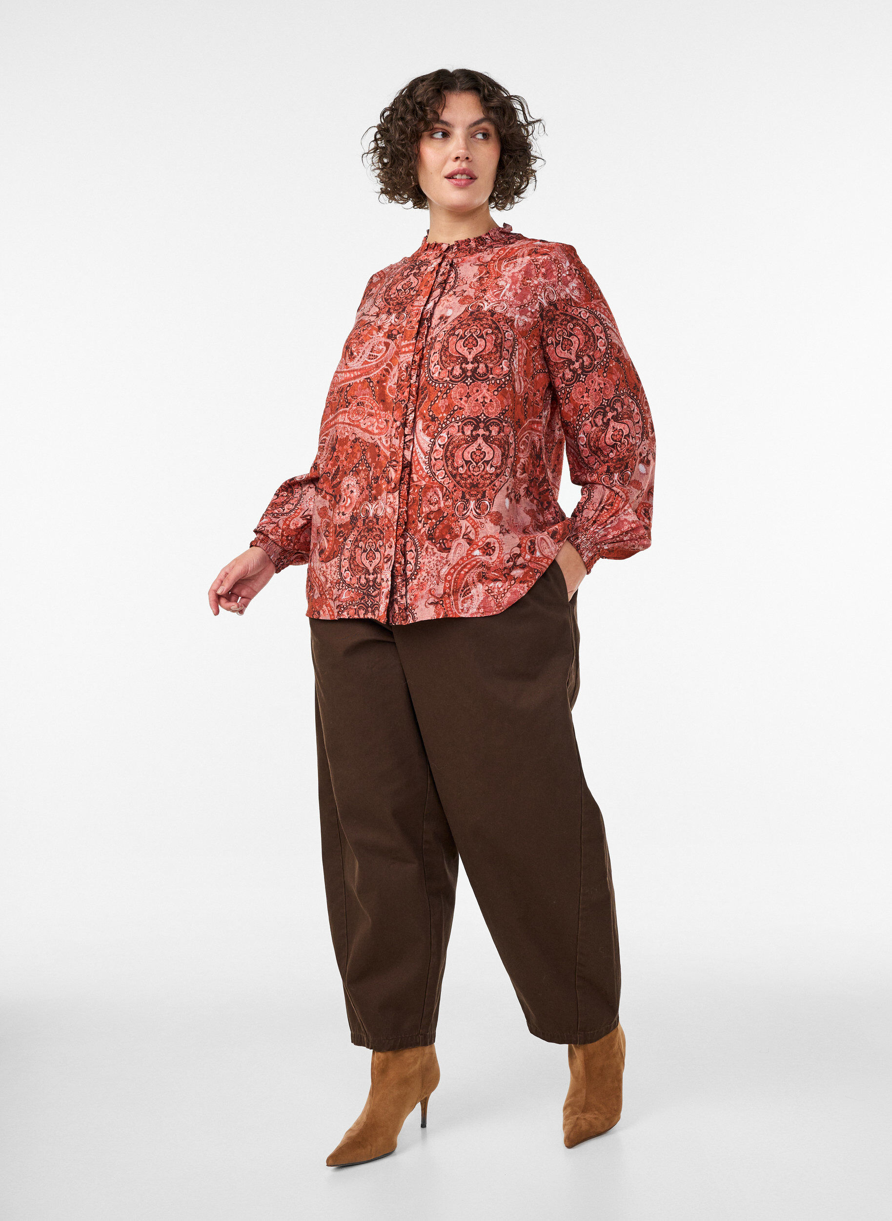 ZizziViskosebluse med paisleytrykk og volanger, Orange, Model image number 1