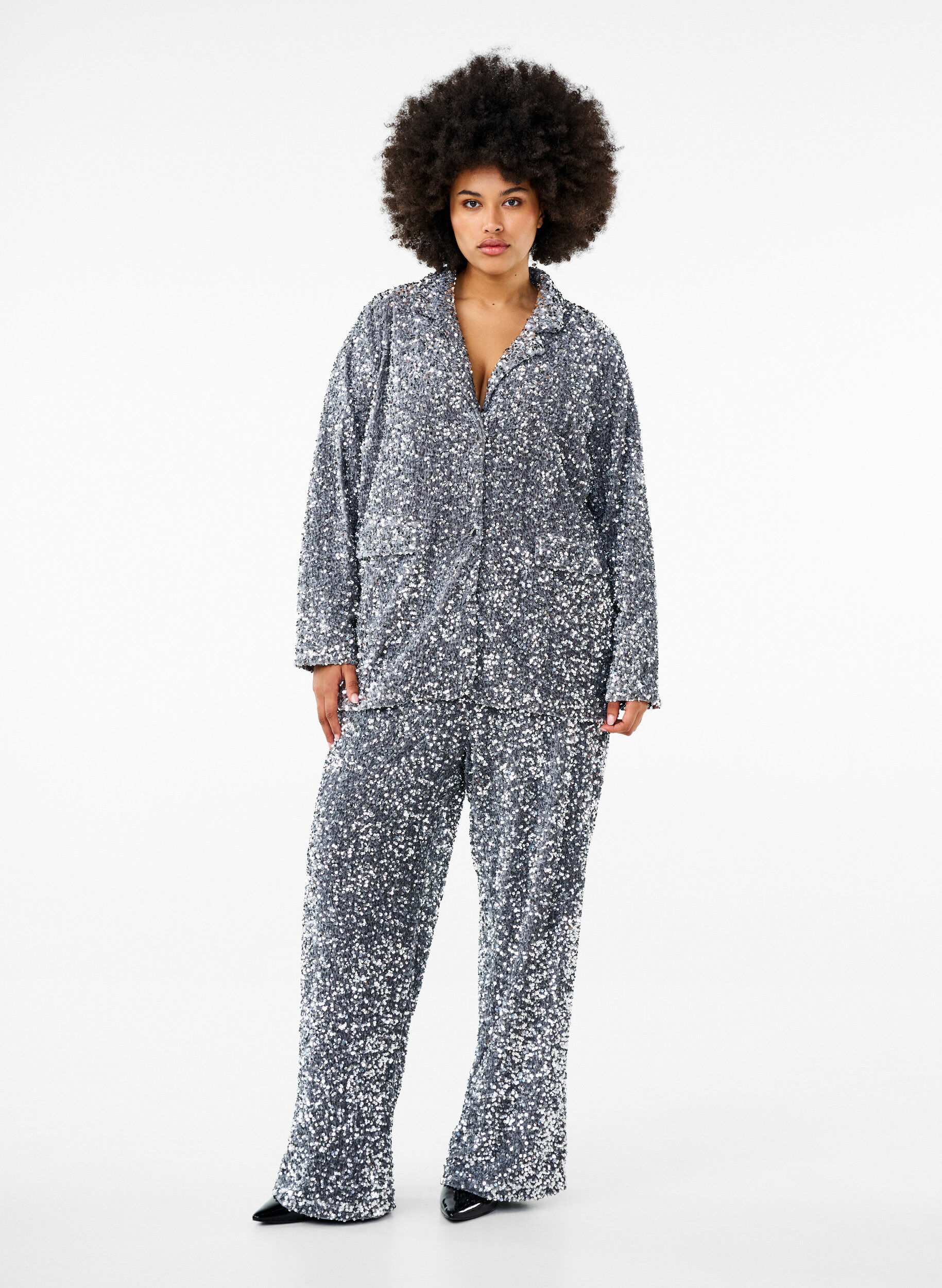 Zizzi Paljettblazer med lommer, Silver, Model image number 2