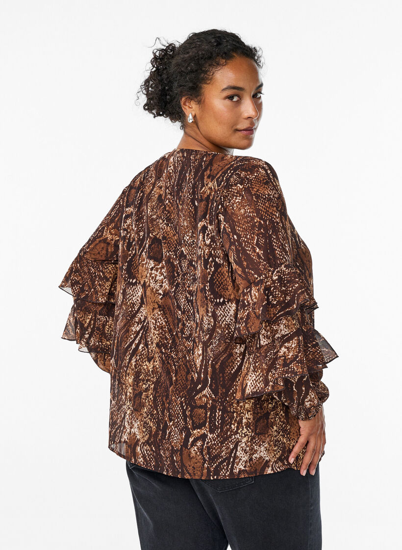 Bluse med dyretrykk og volanger, Brown Snake AOP, Model
