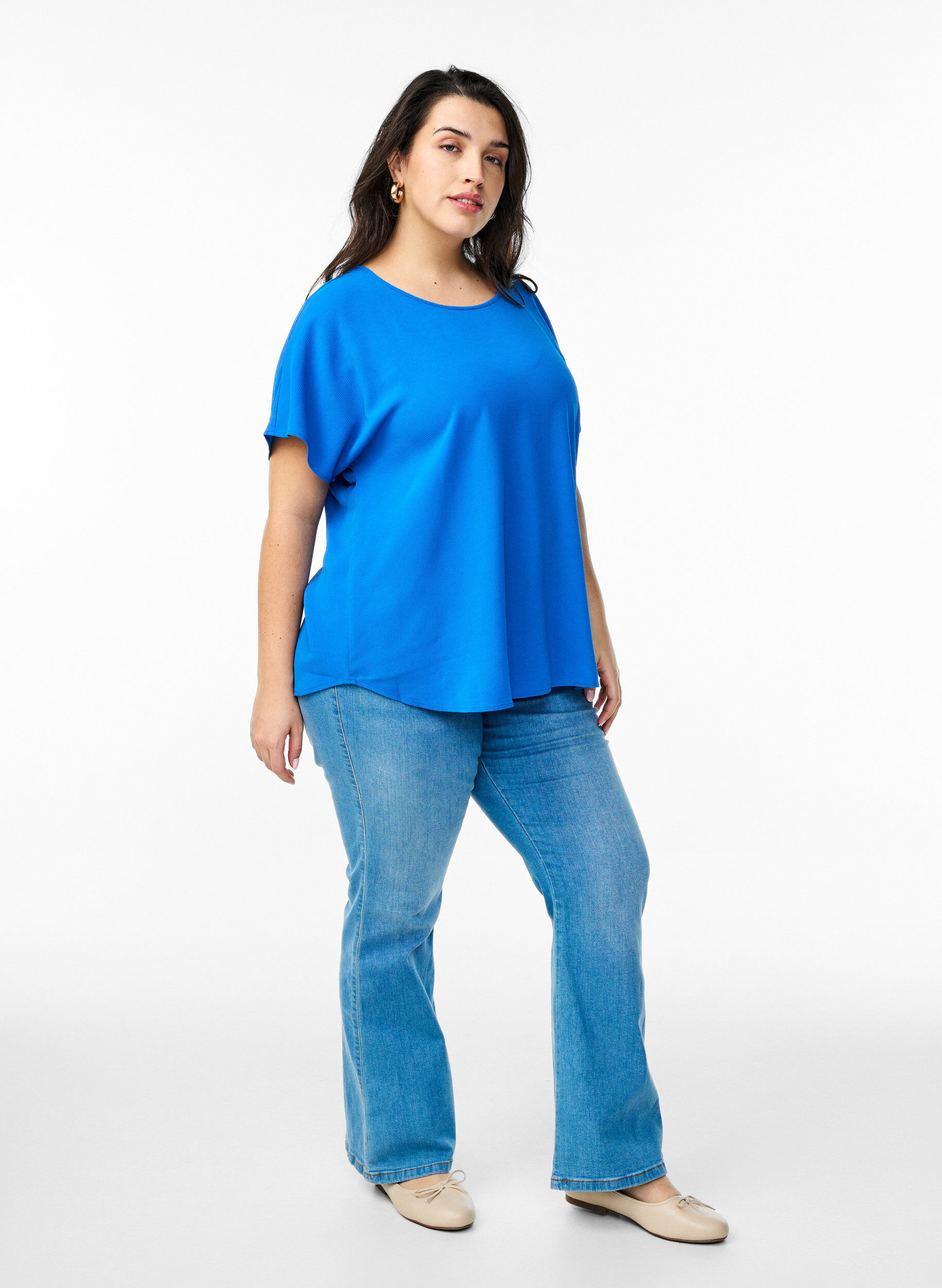 ZizziBluse med korte ermer og rund hals, Bl&aring;, Model image number 1