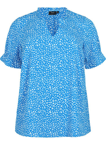 Kortærmet bluse med trykk (GRS), Blue Ditsy, Packshot image number 0