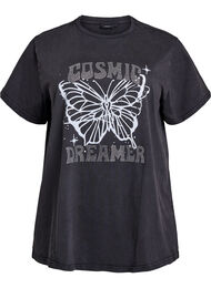 T-skjorte i økologisk bomull med strassteiner og sommerfuglmotiv, Acid W. Dark Grey