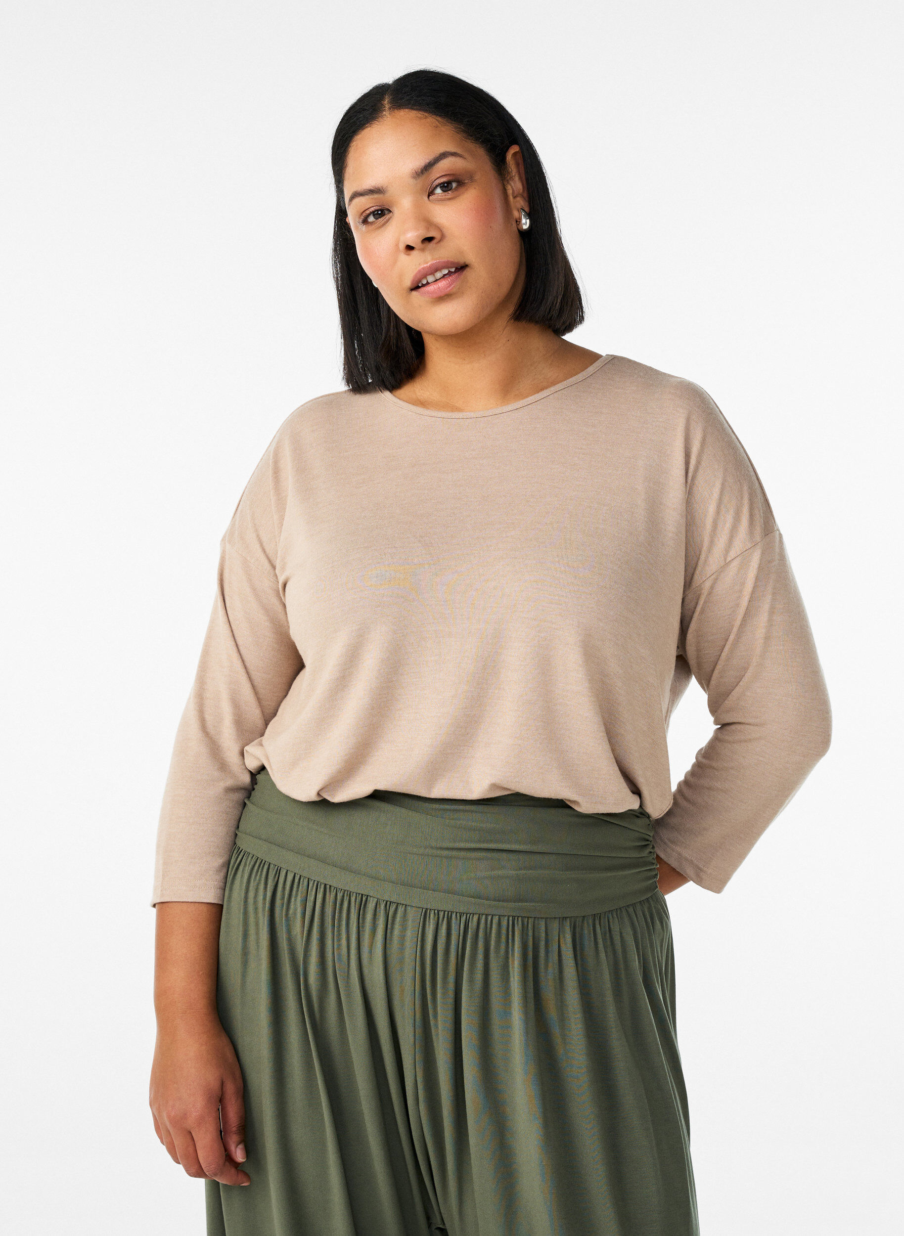 ZizziJersey bluse med 3/4 ermer, Beige, Model image number 0