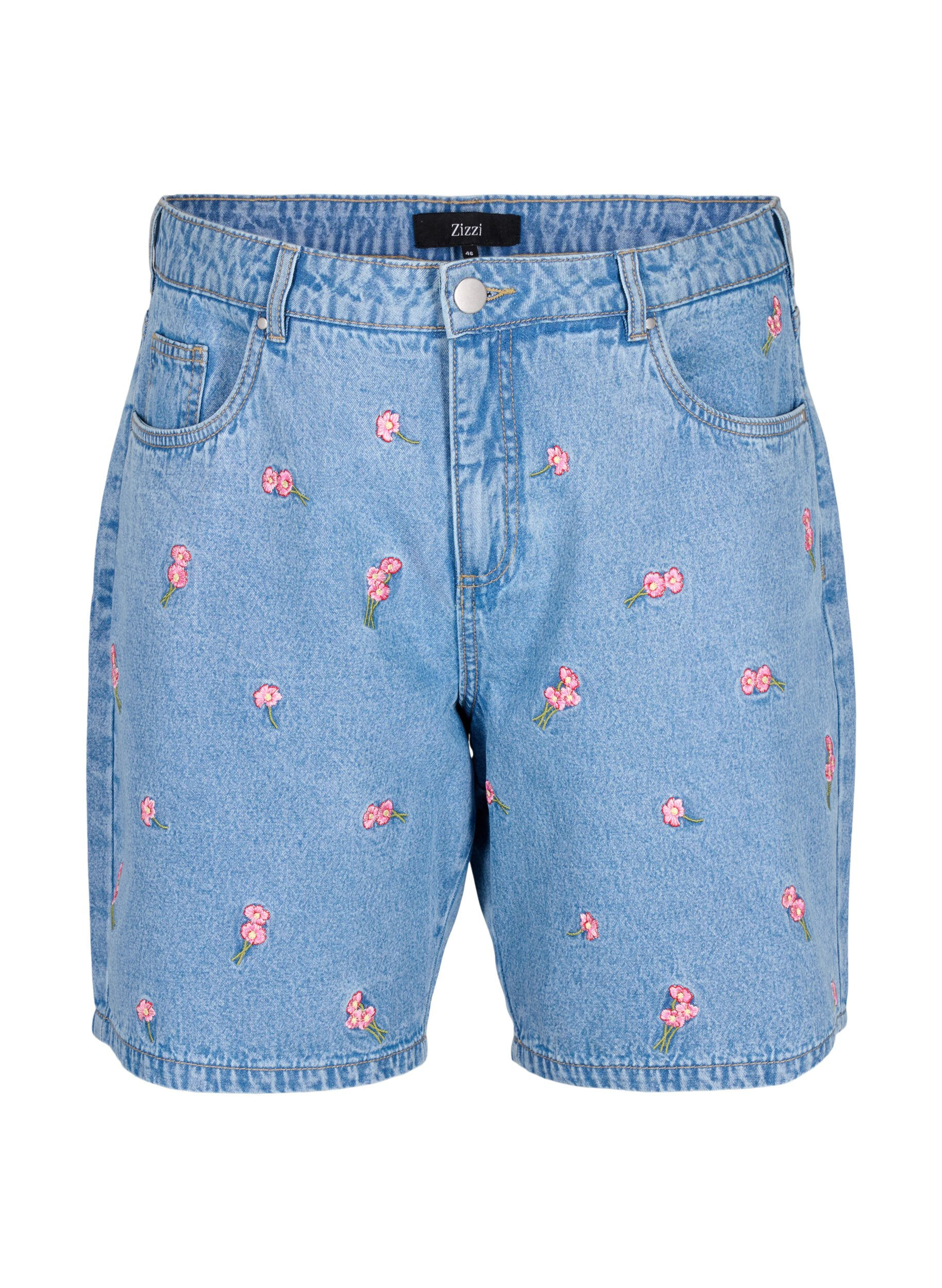 Zizzi Dongerishorts med broderte blomster, Bl&aring;, Packshot image number 0