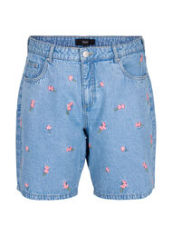 Dongerishorts med broderte blomster, Bl&aring;