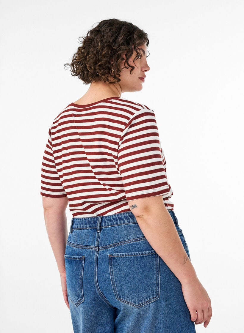 T-shirt med striper og ribbestrikket struktur, R&oslash;d, Model image number 2