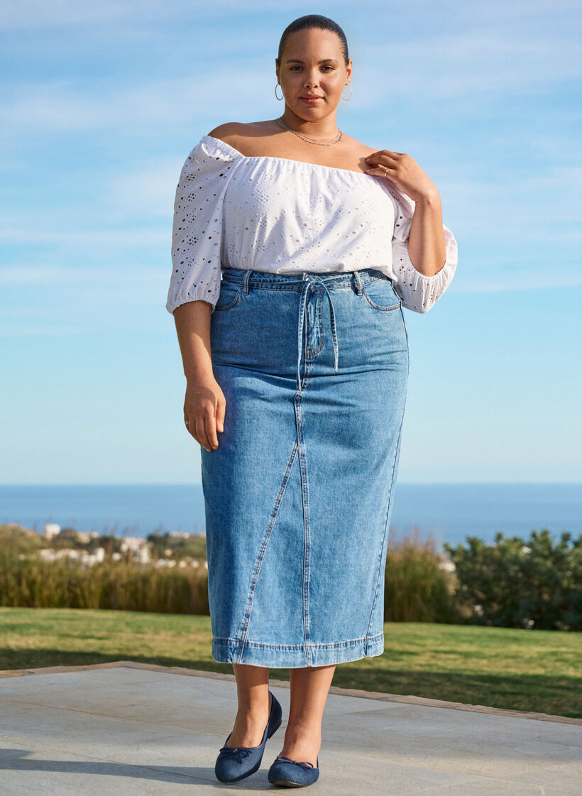 Denim maxiskjørt med knytebelte, Blue Denim, Image