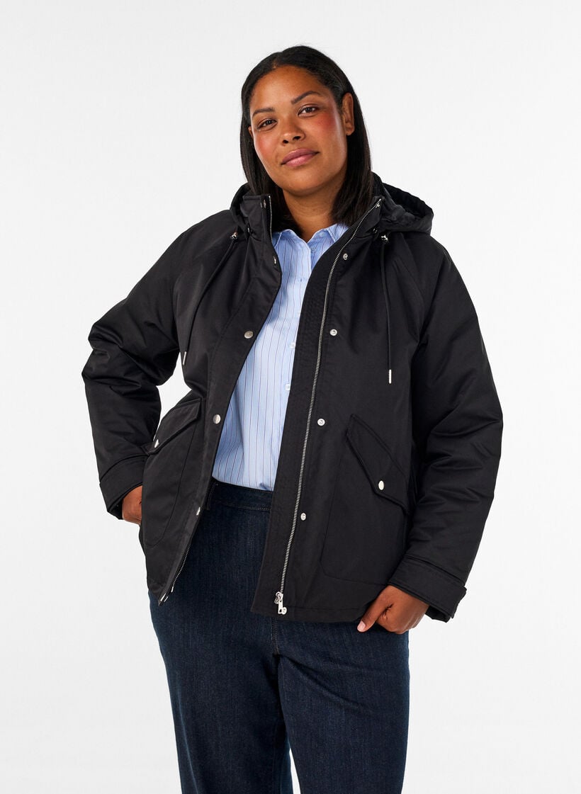Polstret parkas med avtakbar hette, Svart, Model image number 0