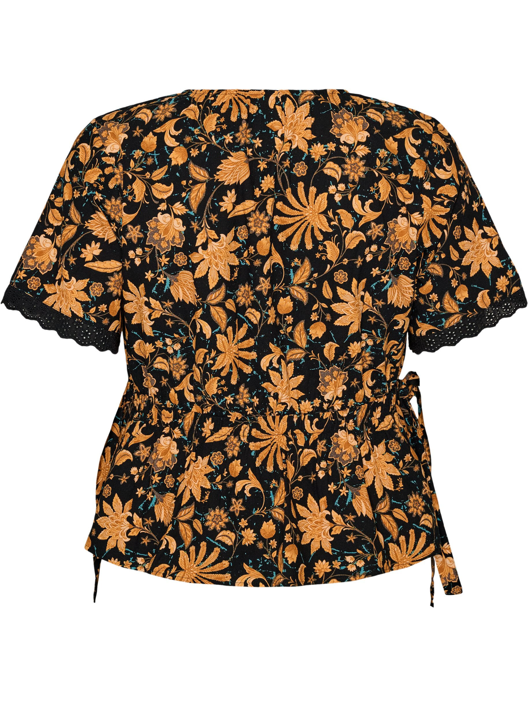 ZizziBlomstret bomullsbluse med knyting, Orange, Packshot image number 1