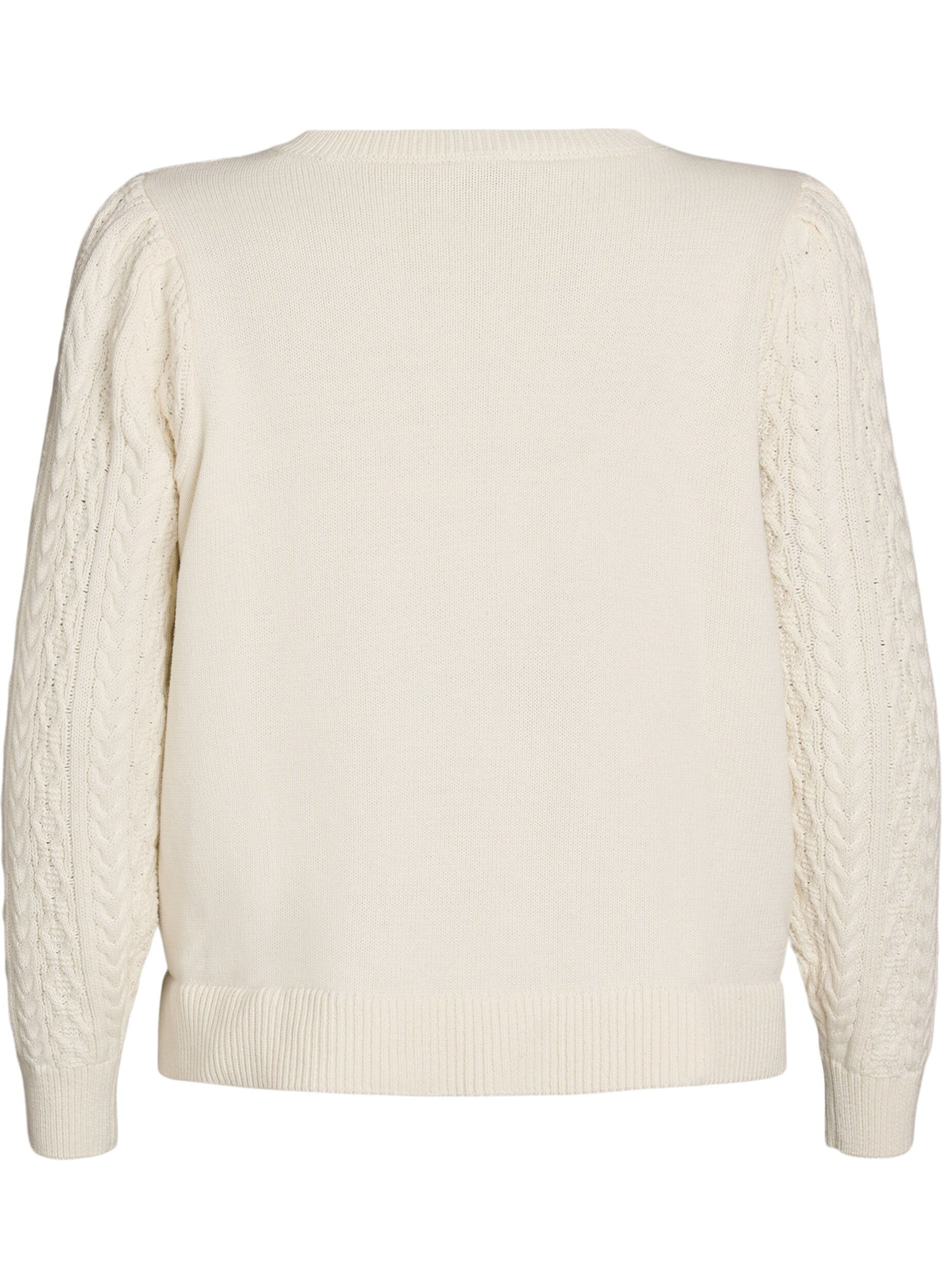 Zizzi Strikkebluse med flettem&oslash;nster og broderte blomster, Hvit, Packshot image number 1