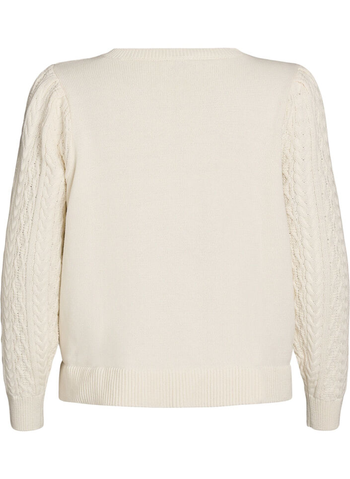 Strikkebluse med flettem&oslash;nster og broderte blomster, Hvit, Packshot image number 1