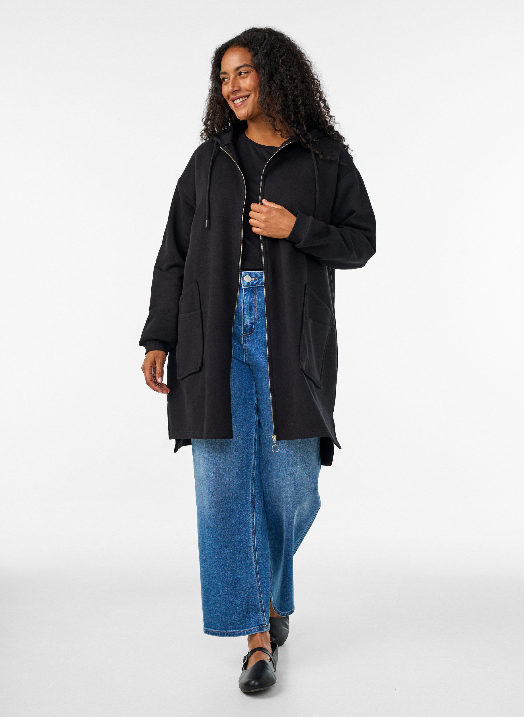 ZizziLang hettegenser-cardigan med glidel&aring;s, Svart, Model image number 1