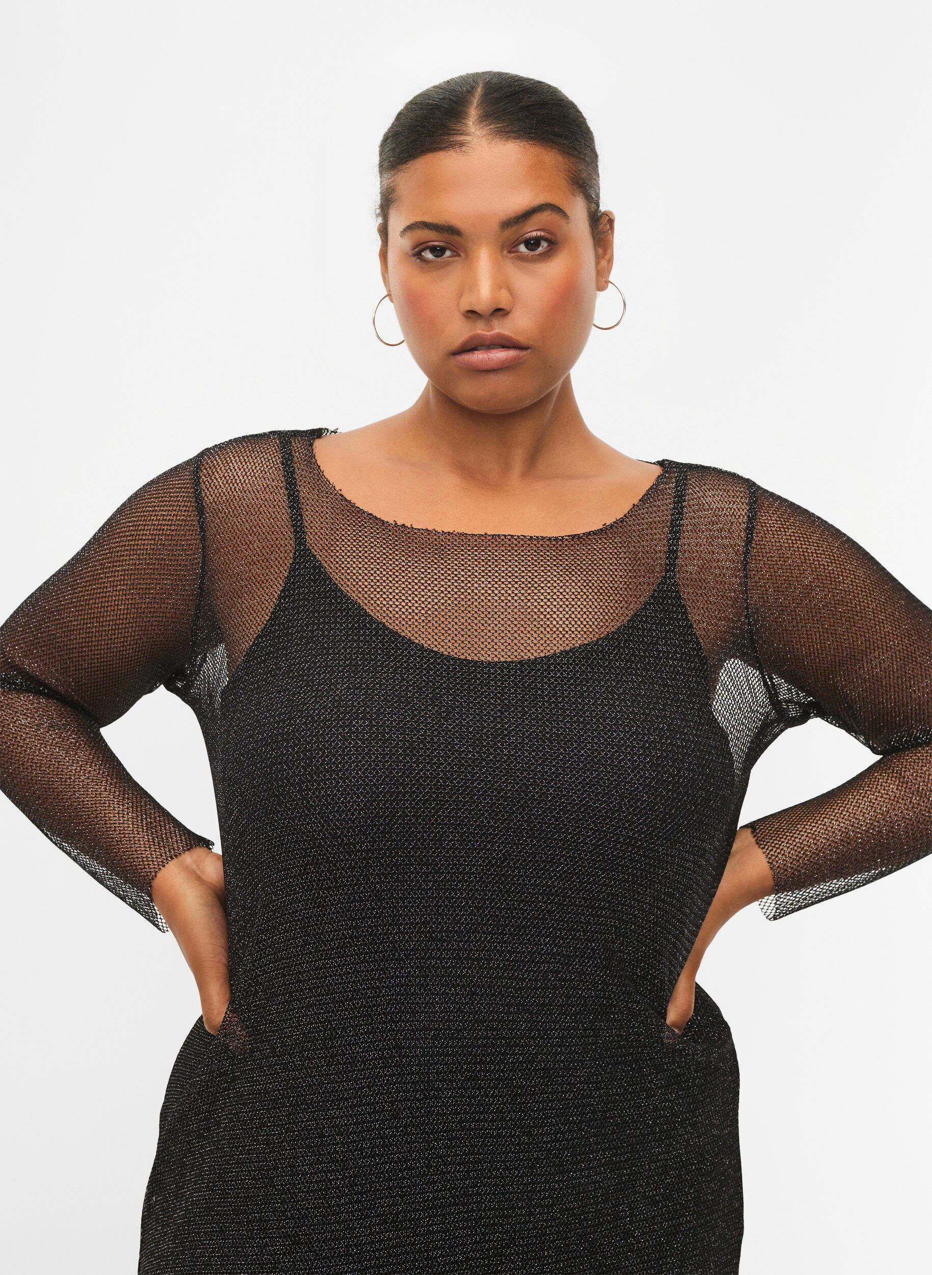 Zizzi Langermet kjole i netting, Black w. Silver, Model image number 3