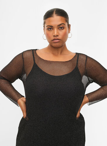 Langermet kjole i netting, Black w. Silver, Model image number 3