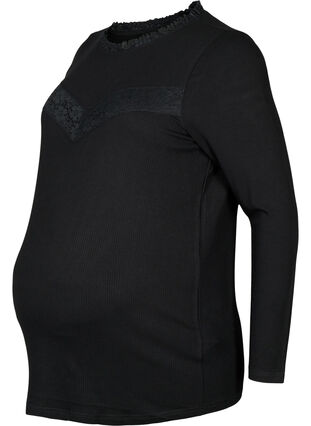 Graviditet bluse med blondekant og lange ermer, Black, Packshot image number 0