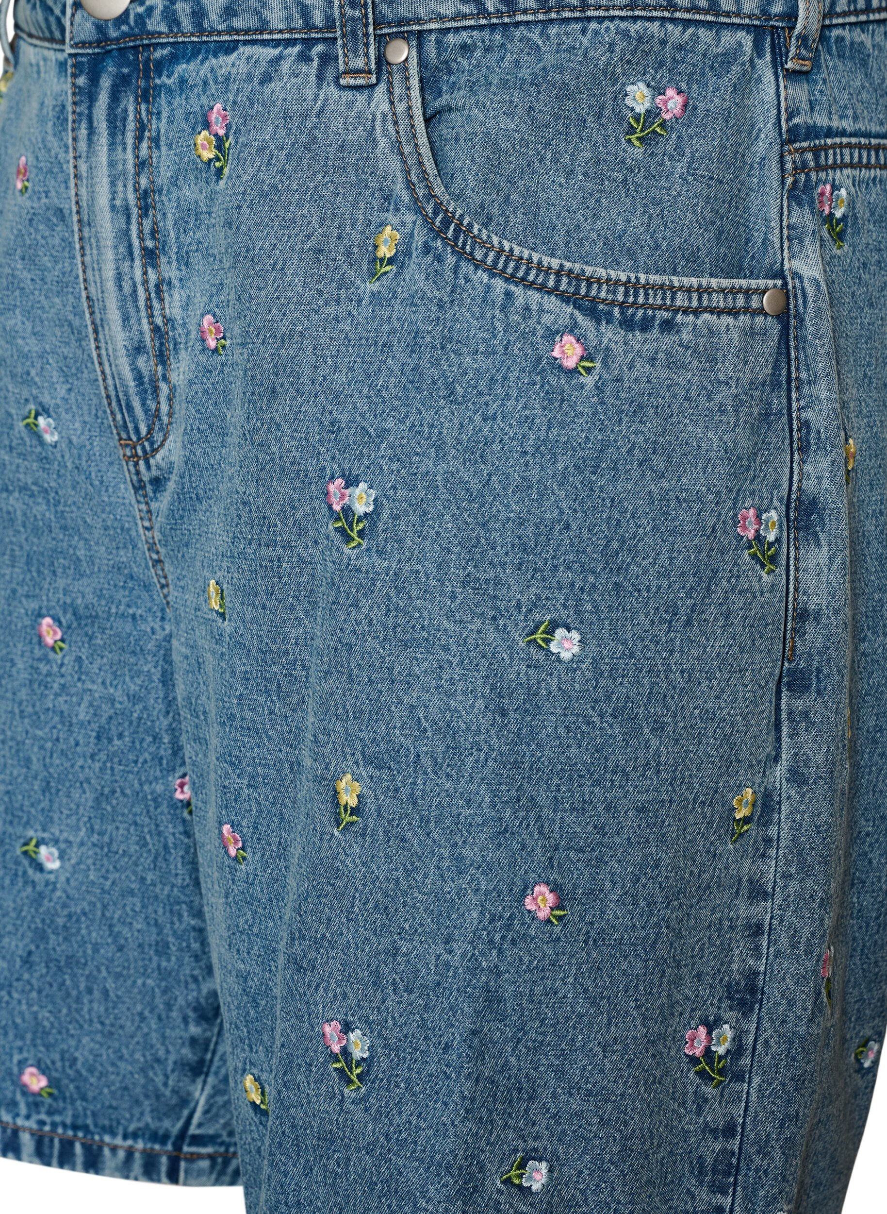 Zizzi Denimshorts med broderte blomster, Bl&aring;, Packshot image number 2