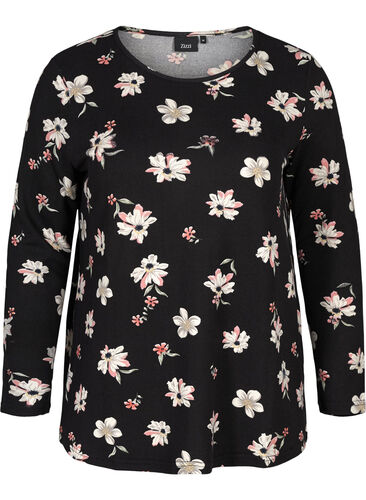 Langermet bluse med blomstermønster, Black white flower , Packshot image number 0