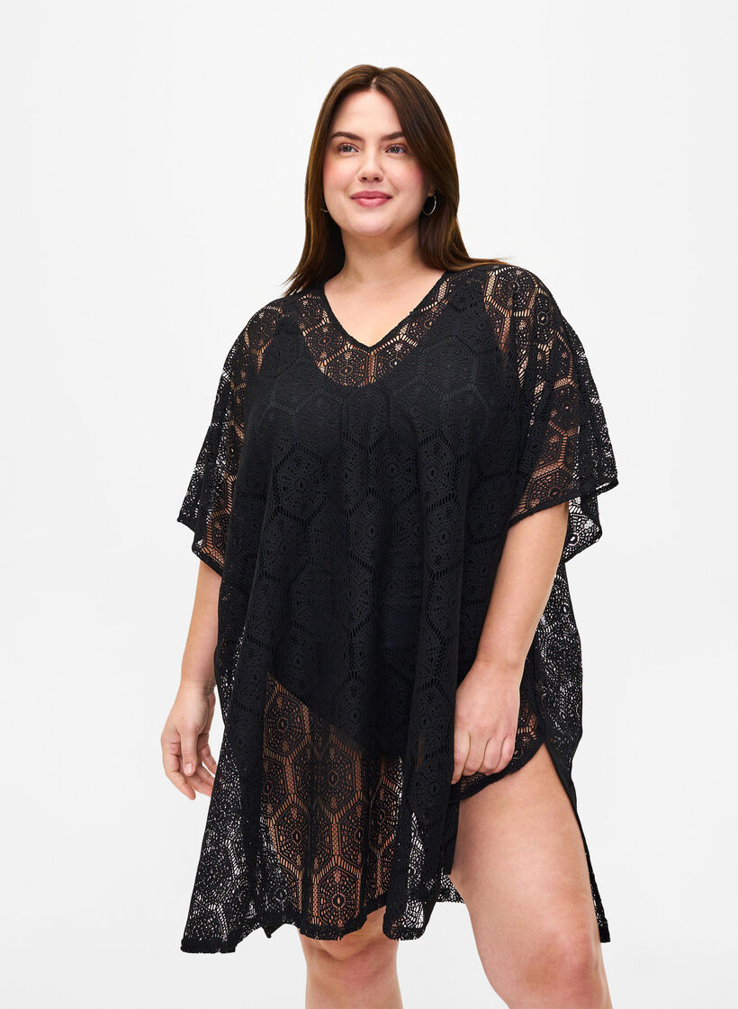 Kaftanstrandkjole med hullmønster, Black, Model image number 0