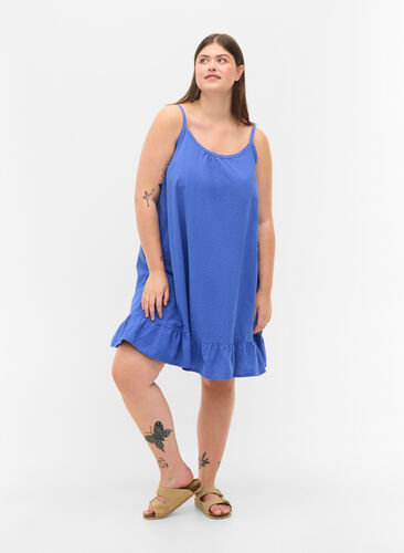 Bomullskjole med tynne stropper og A-form, Dazzling Blue, Model image number 2