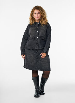 Zizzi Kort denimskjørt med rhinsteiner, Grey Denim, Model image number 0