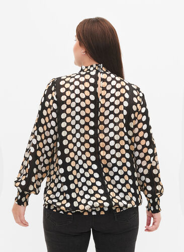 Mønstrete bluse med smock, Black Dots AOP, Model image number 1