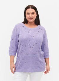 Strikkegenser med 3/4-ermer og hullmønster, Lavender, Model