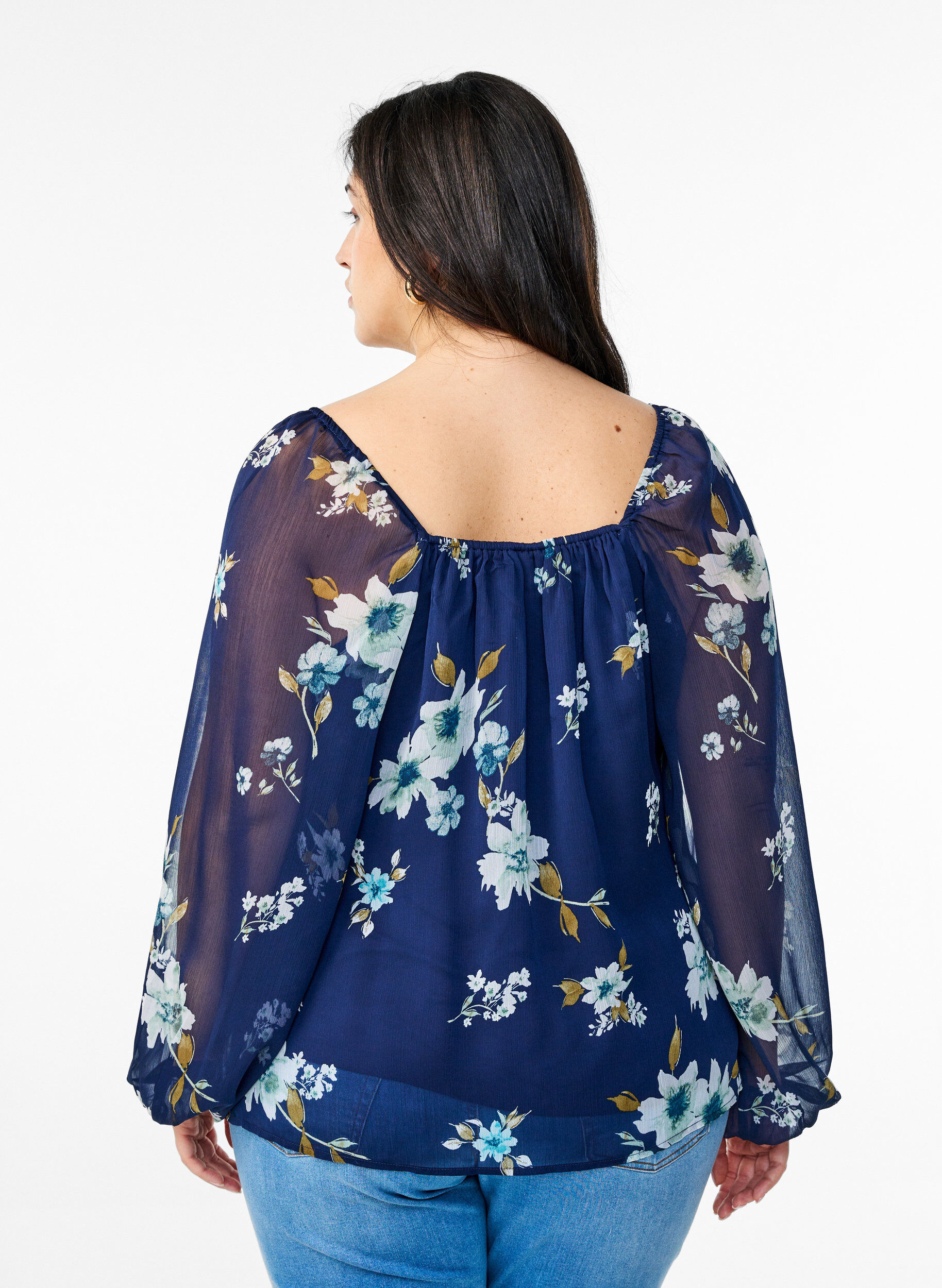 Zizzi Chiffonbluse med blomstertrykk og lange ermer, Bl&aring;, Model image number 2