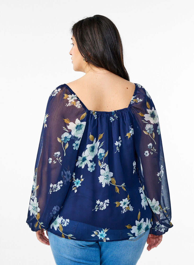 Chiffonbluse med blomstertrykk og lange ermer, Bl&aring;, Model image number 2