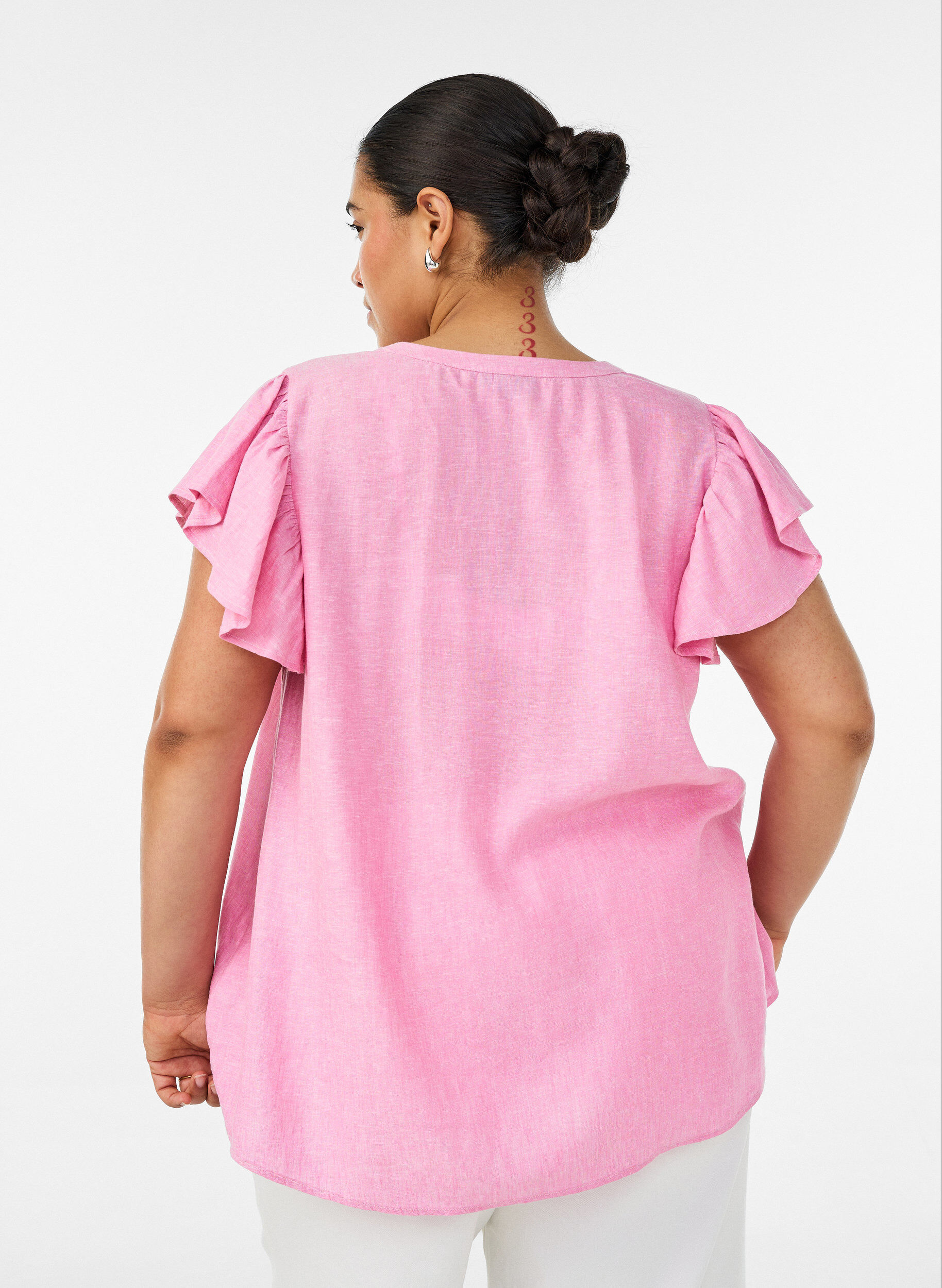 ZizziBluse i viskose og lin med volangermer, Rosa, Model image number 2