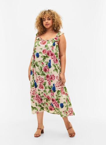 Blomstrete midikjole med volanger, Bright Flower , Model image number 0