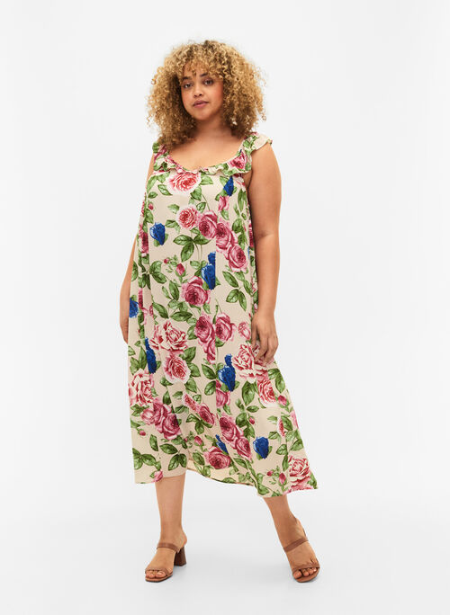 Blomstrete midikjole med volanger, Bright Flower , Model