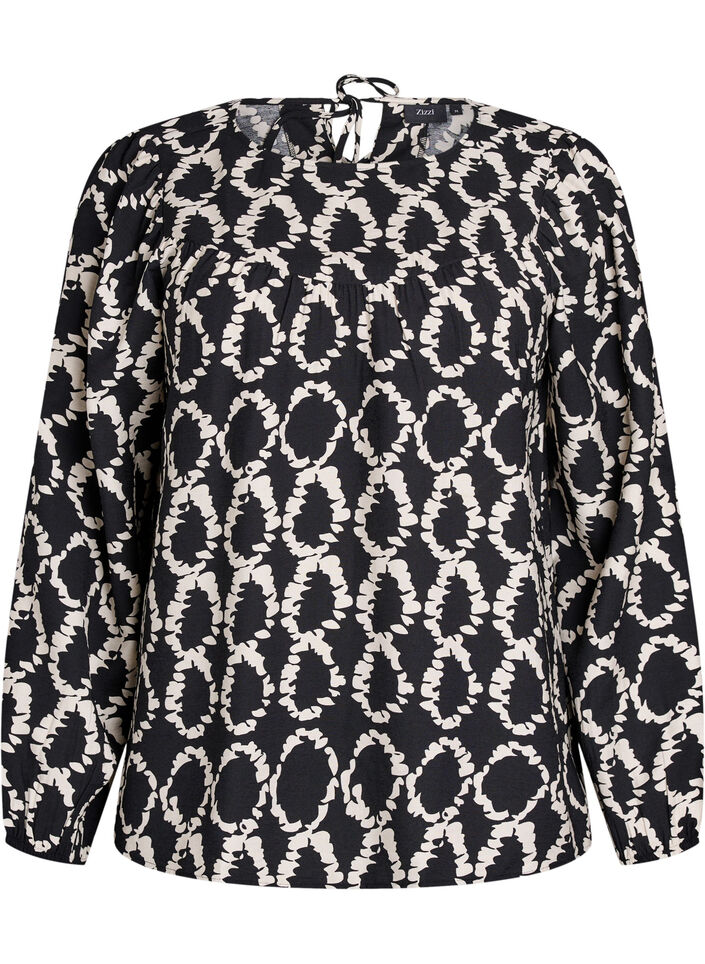 Langermet bluse med trykk og sløyfer, Black ART AOP, Packshot