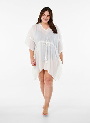 Zizzi Strandponcho med knytebelte, Hvit, Model image number 1