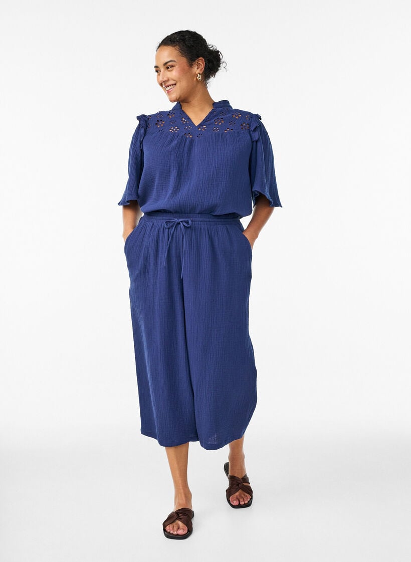 Culottebukser i bomullsmuslin med h&oslash;y midje, Bl&aring;, Model image number 0