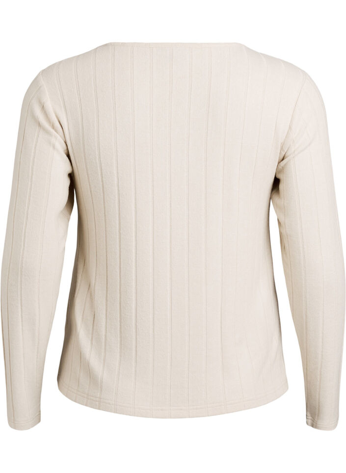 Jerseybluse med firkantet hals og ribbet tekstur, Beige, Packshot image number 1