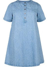 Kort denimkjole med A-linje-snitt og blomster mønster, Blå Kort denimkjole med A-linje-snitt og blomster mønster