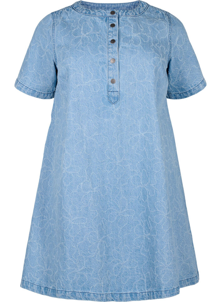 Kort denimkjole med A-linje-snitt og blomster mønster, Blå, Packshot image number 0