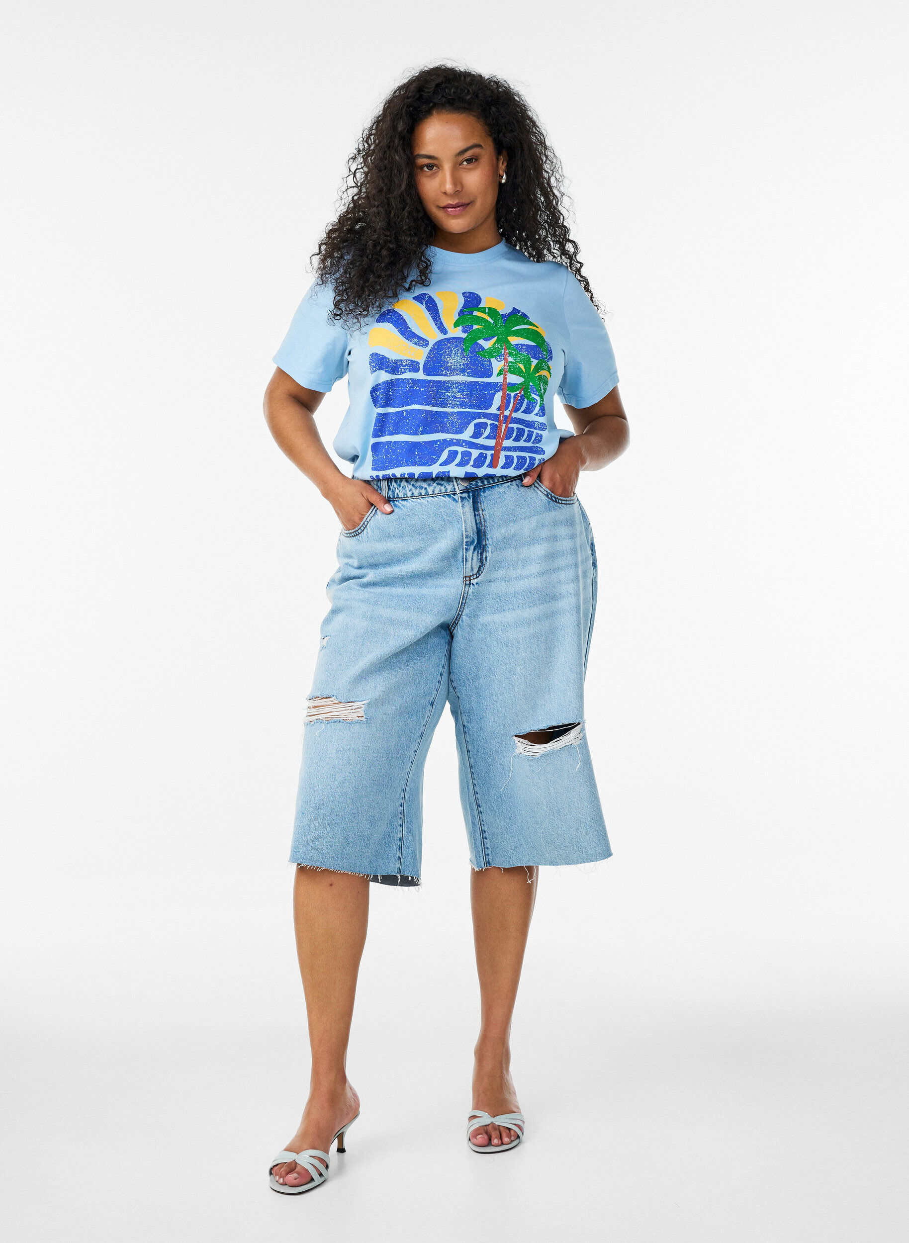 ZizziBomulls-T-skjorte med trykk, Bl&aring;, Model image number 1