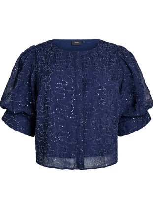 Zizzi Fest bluse med paljetter og 1/2 ermer, Blå, Packshot image number 0